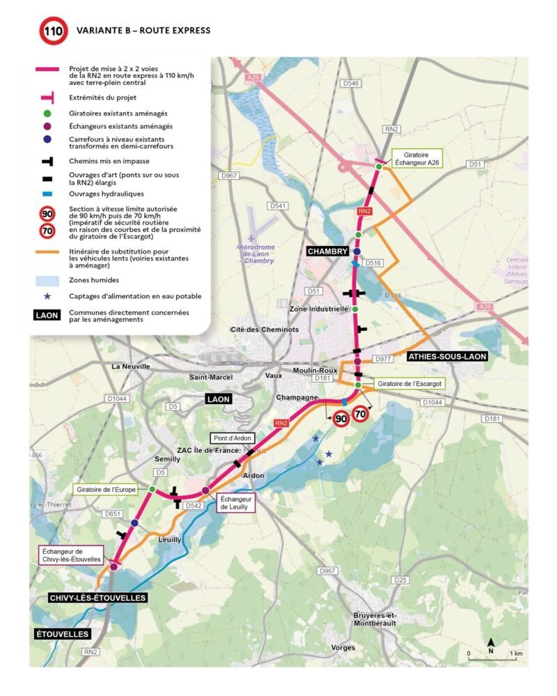 Plan de la variante B : tracé de la RN2 à 2x2 voies en route express à 110 km/h, avec l’itinéraire de substitution d’environ 15 km pour les véhicules lents, les giratoires et échangeurs aménagés, les zones humides et les captages d’eau potable.